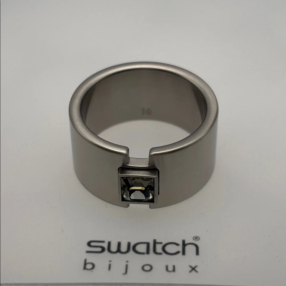 Swatch Bijoux Topic Path Stainless Steel & Smokey Crystal Ring - size 10